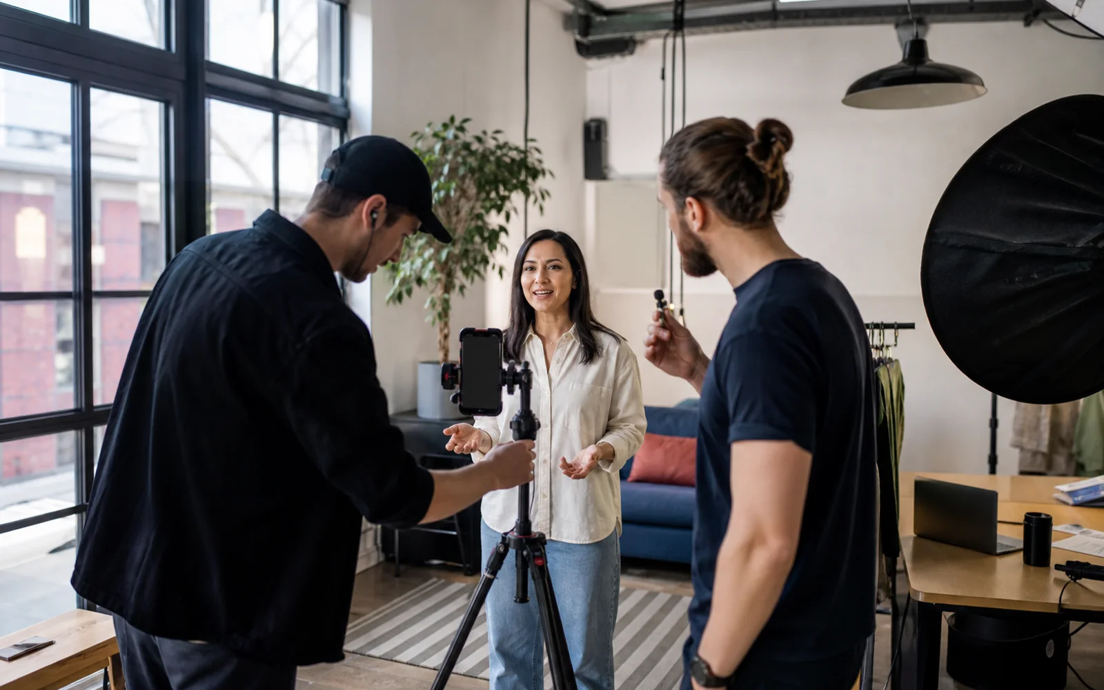 Team bei der Produktion eines vertikalen TikTok-Videos für ein Unternehmen