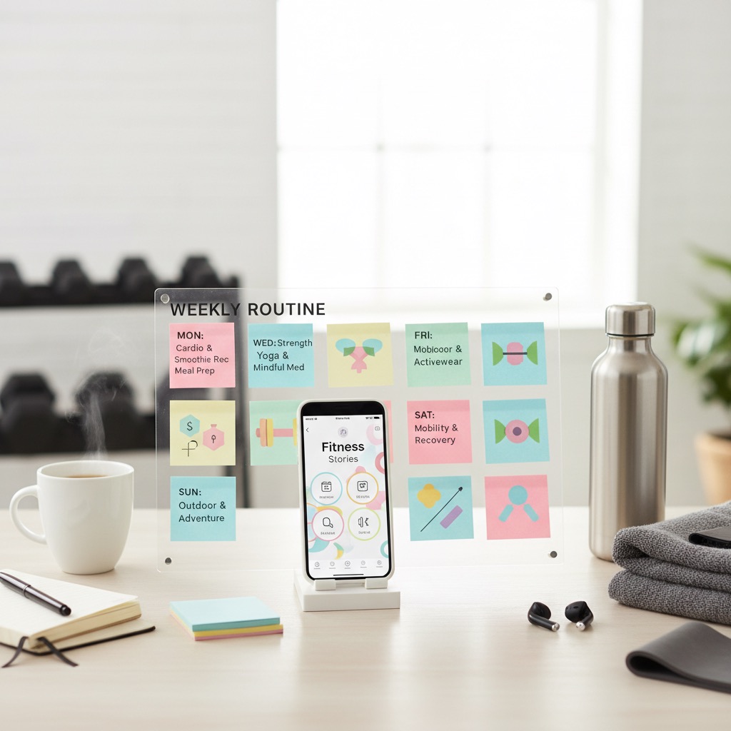 Wochenplanung für Fitness Stories mit Smartphone, Notizen und klaren Content-Säulen