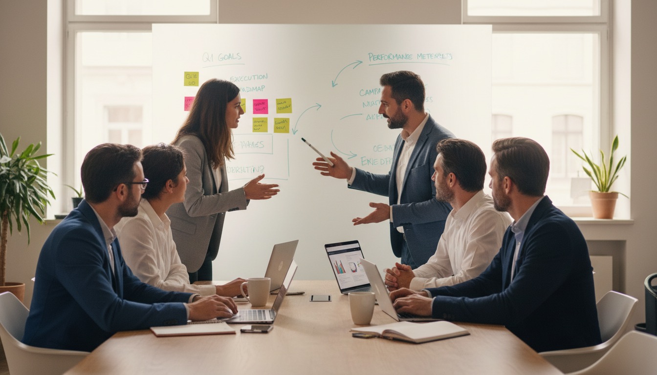 Strategie Meeting mit Performance Kennzahlen und Umsetzungsplan